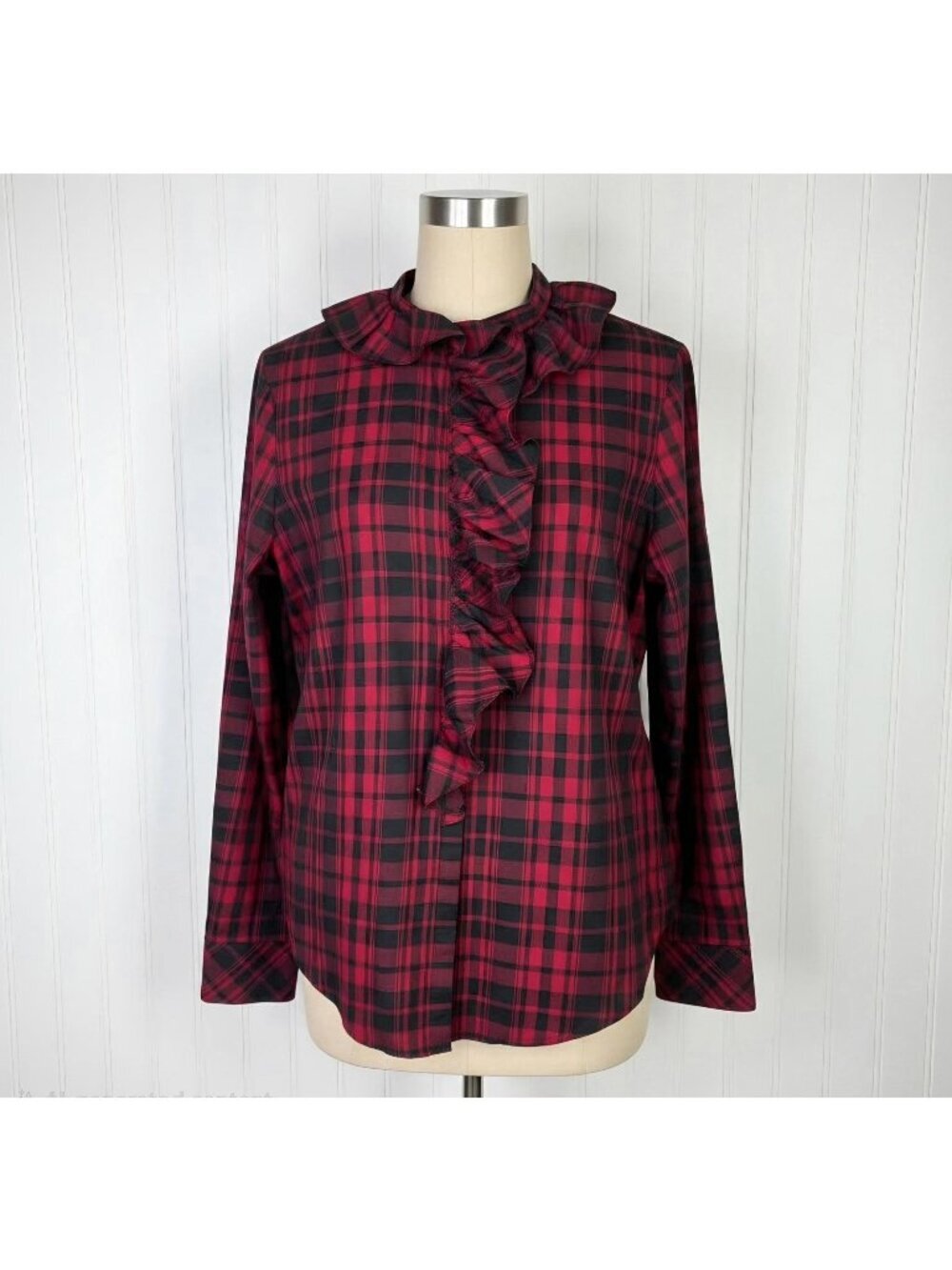 Lauren Ralph Lauren Shirt Womens M Petite Red Plaid Ruffle Academia Preppy Y2K